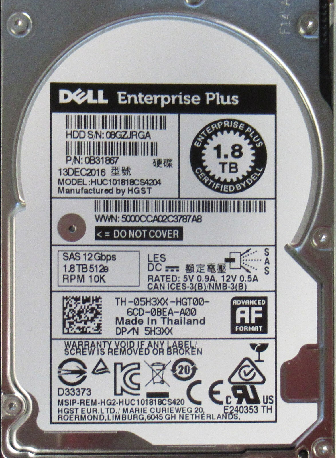 Dell Compellent 1.8TB 10k SAS 2.5" 12G 512e Enterprise Plus Hard Drive HDD 5H3XX