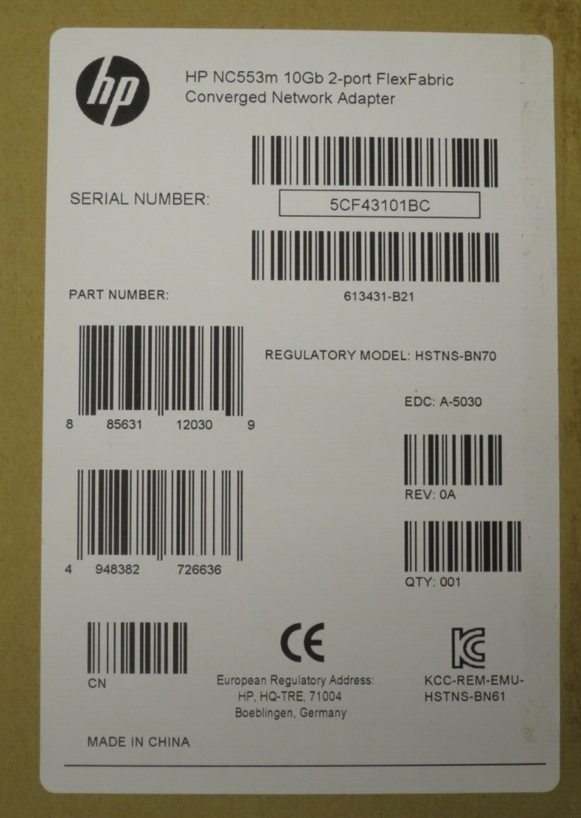 NEW HP NC553M Dual Port 10Gbs FlexFabric Mezzanine Adapter 617727-001 613431-B21