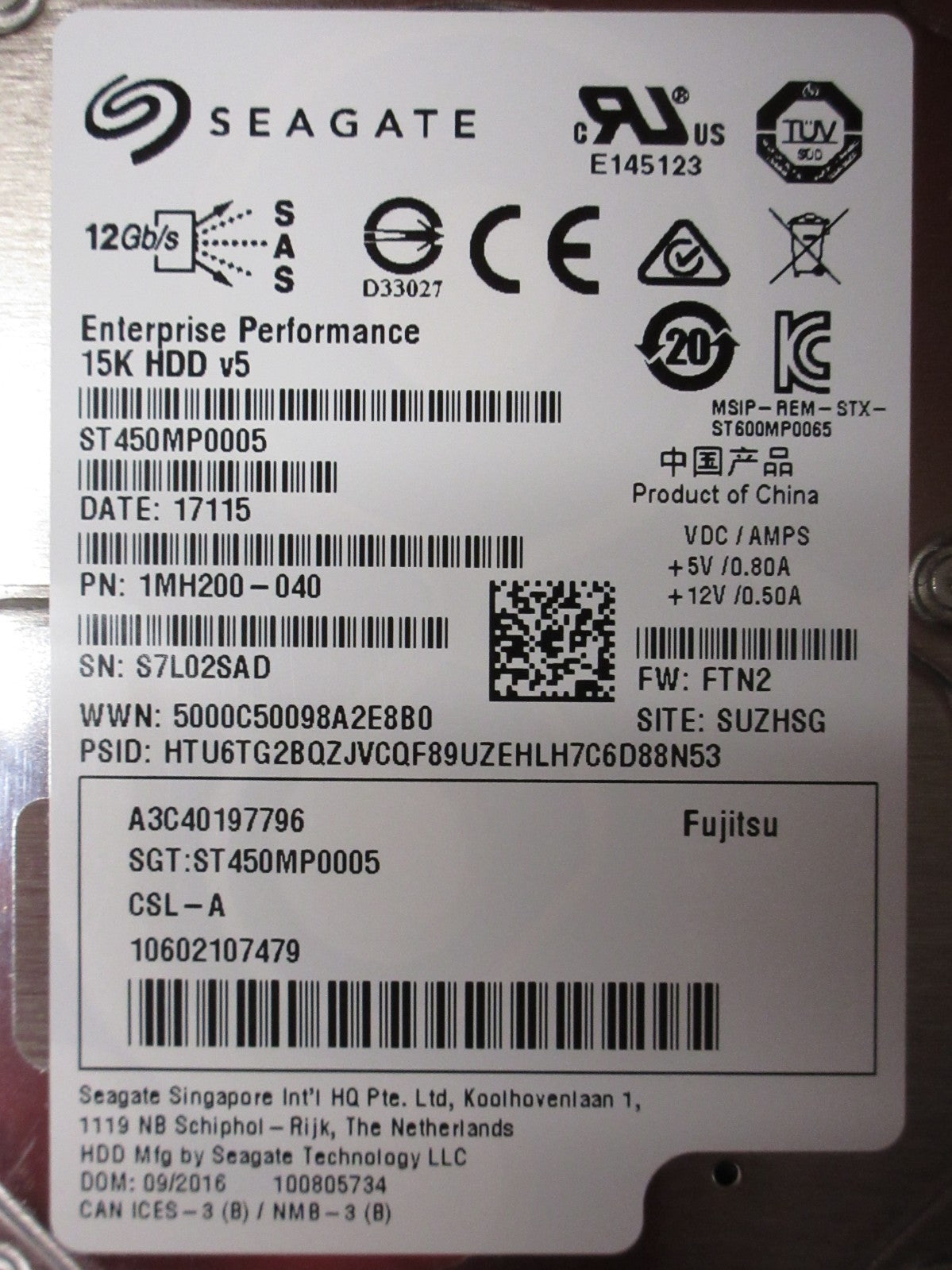 Fujitsu 450GB 15K 2.5" 12G SAS 10602107479 Seagate ST450MP0005 HDD A3C40197796