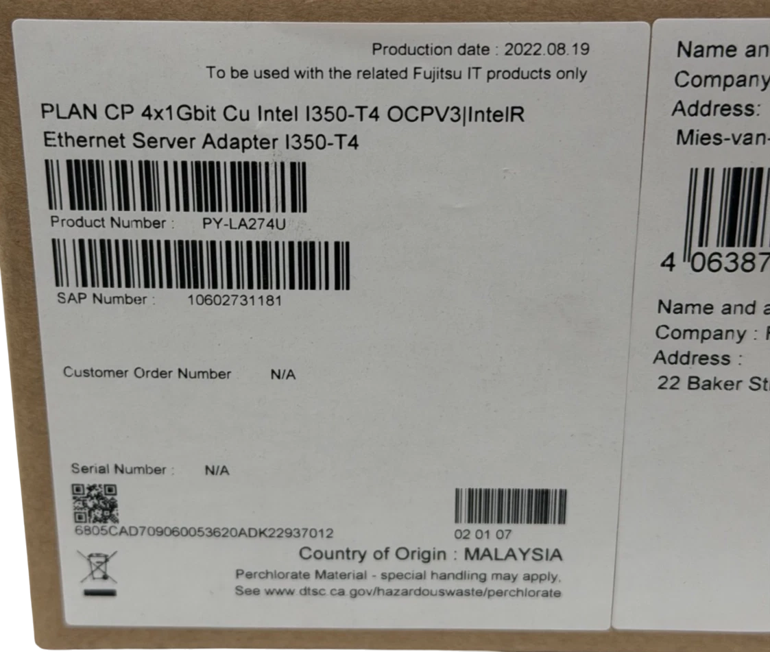 NEW Fujitsu Intel I350-T4 4x 1GbE RJ45 OCPv3 Ethernet Adapter PY-LA274U
