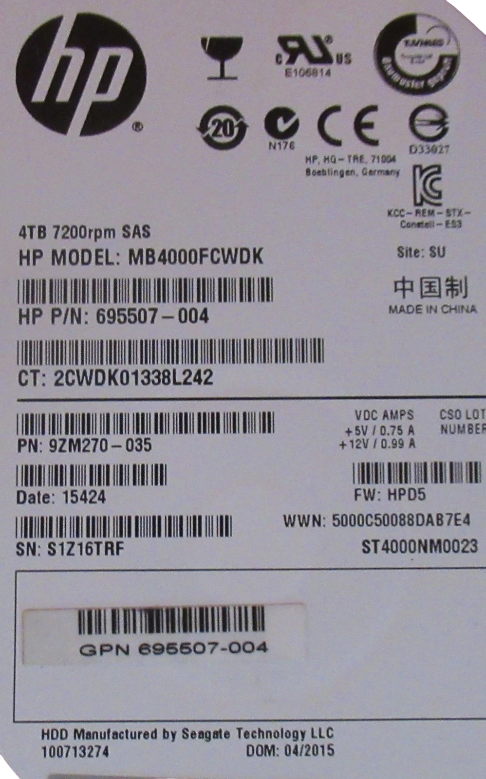HP 693721-001 693689-B21 4TB 7200RPM SAS 6Gbps DP Hot Swap 3.5" HDD