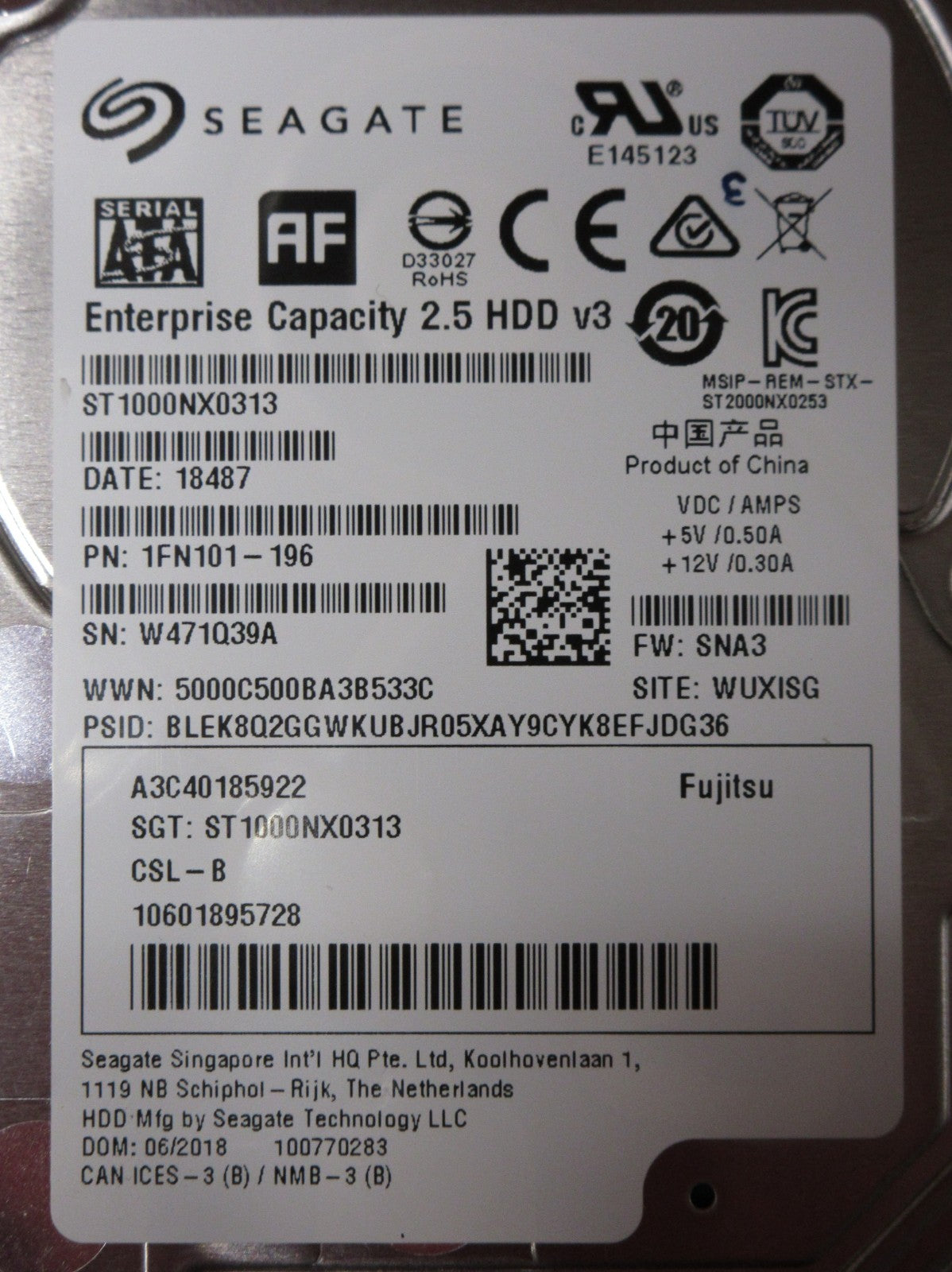 Fujitsu 1TB 7.2K 2.5" 6G SATA A3C40185922 Seagate ST1000NX0313 HDD 10601895728