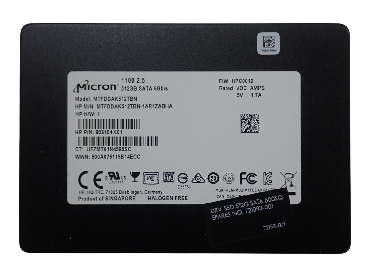 HP 512GB SSD MLC SATA SFF SSD SC Solid State Drive MTFDDAK512TBN 721393-001