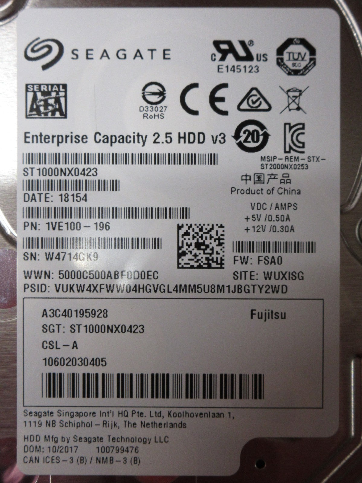 Fujitsu 1TB 7.2K 2.5" 6G SATA A3C40195928 Seagate ST1000NX0423 HDD 10602030405