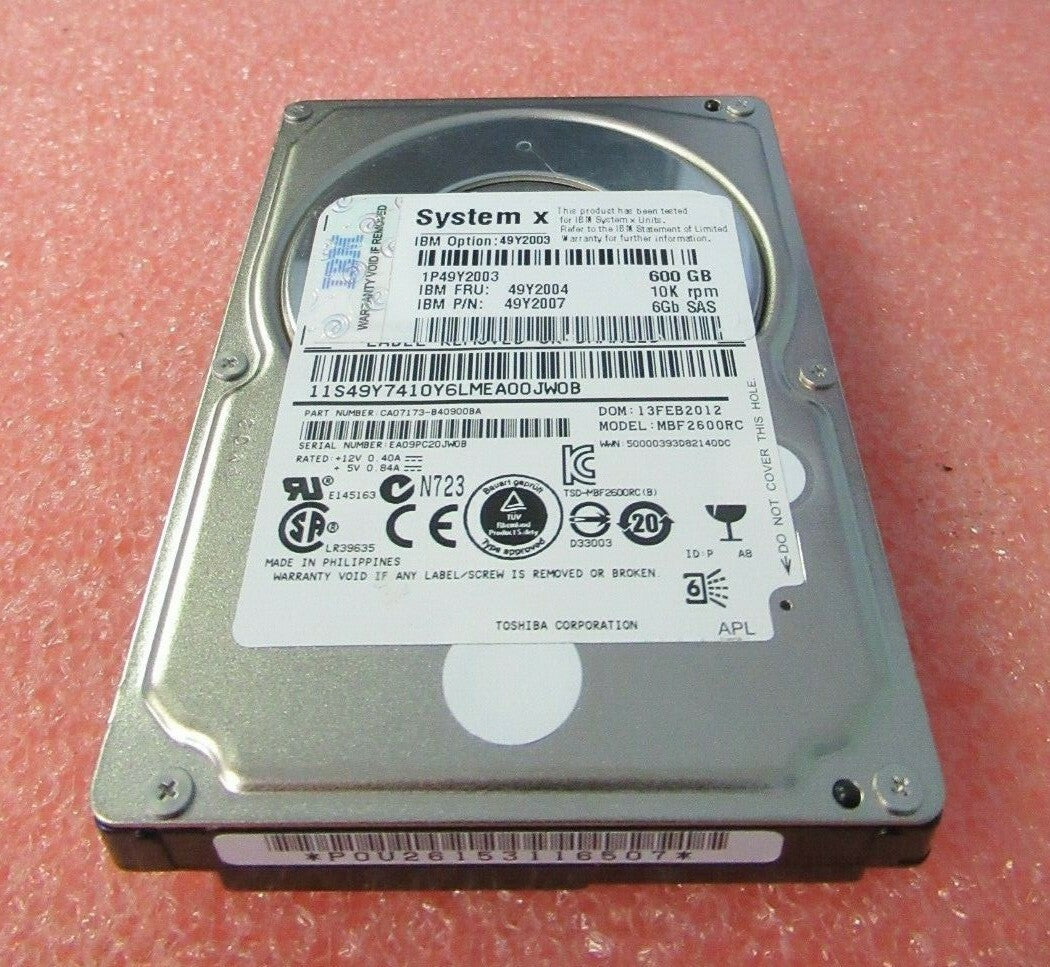 IBM 600GB 2.5" SAS 6GB/s 10K 16MB Server Hard Drive HDD 49Y2004 49Y2007