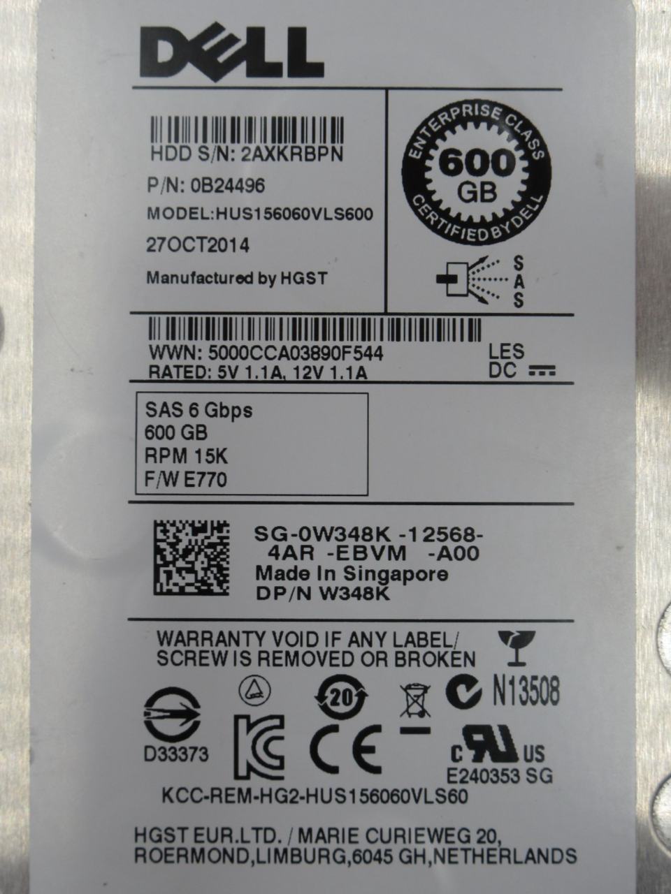 Dell Seagate 600GB 3.5" SAS 6Gb/s 15K 16MB HDD ST3600002SS W348K 0W348K