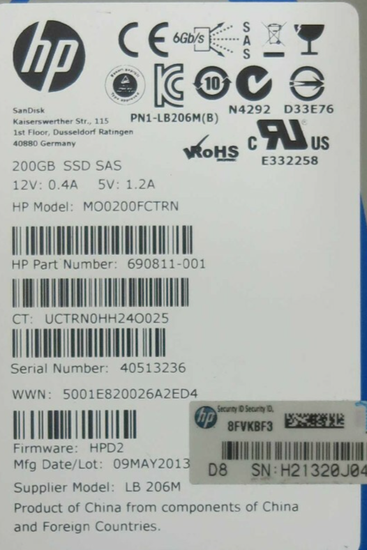 HP 691025-001 200GB 6G SAS SSD HARD DRIVE - 690811-001 690825-B21