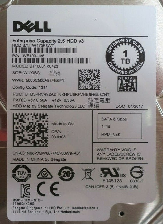 Dell 1TB 7.2K SATA 2.5" 6Gb/s Hard Drive HDD In PowerEdge C Series Caddy - 31N08