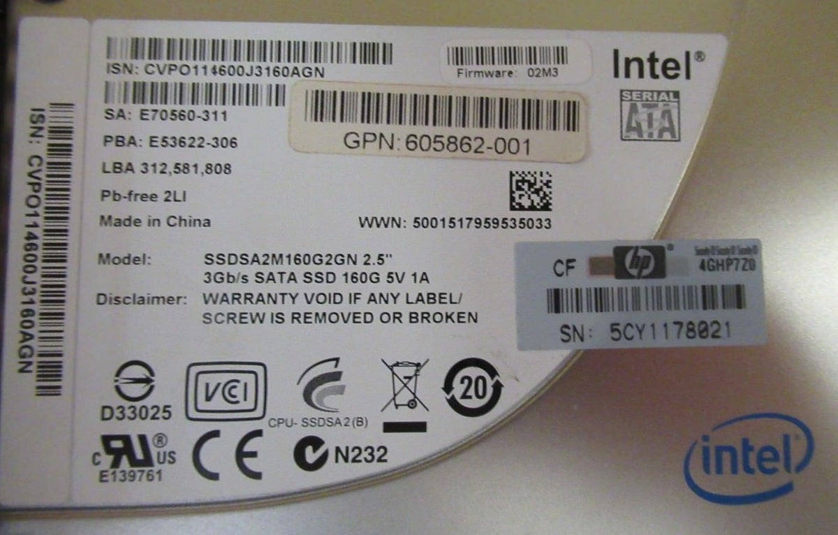 HP 160GB SATA 2.5" Solid State Drive SSD 606194-001 605858-B21 In G5/G6/G7 Caddy
