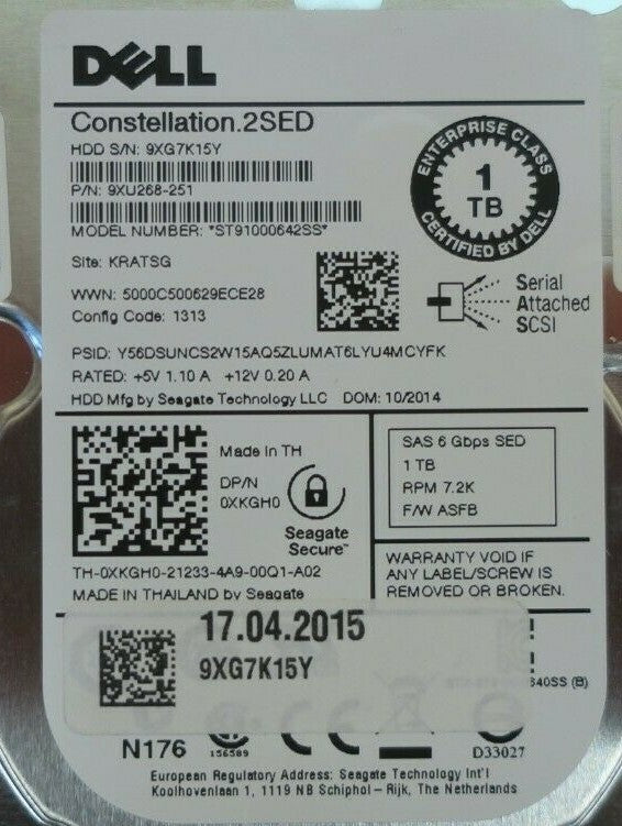 Dell 1TB 2.5" 7.2K 6G SAS SFF SED Hard Drive HDD XKGH0 ST91000642SS + Dell Caddy