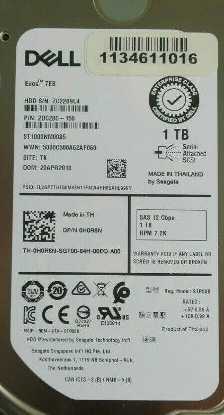 Dell 1TB 3.5" SAS 7.2K 12Gb/s HDD Hard Drive in 13th Series Caddy H0R8N