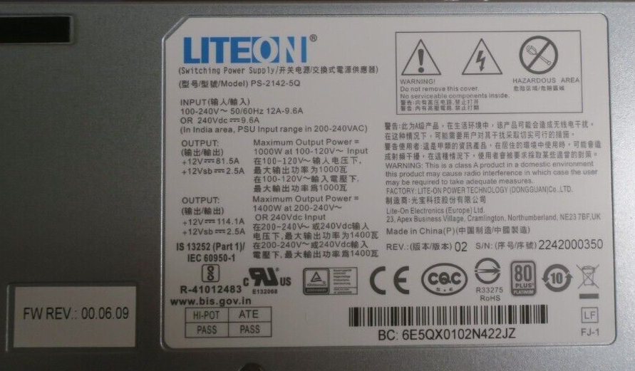 NEW LITE-ON 1400W 80Plus 1U Switching Power Supply PSU PS-2142-5Q 105-000-466-02