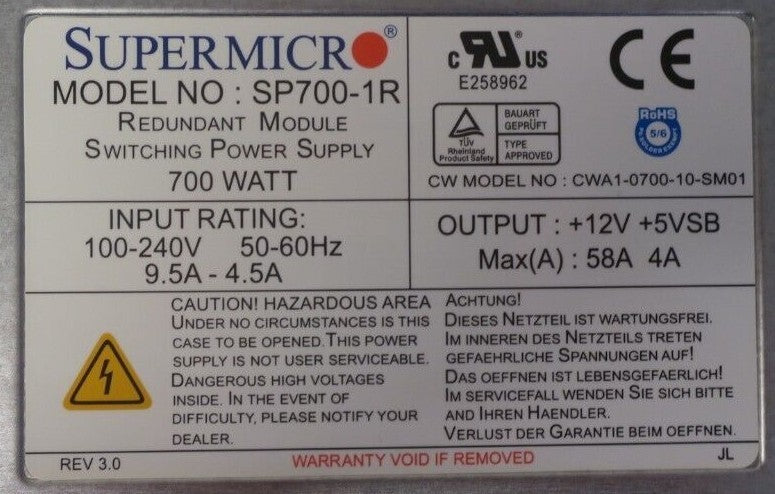 Supermicro 700W 1U Redundant Hot-Swap Power Supply PSU SP700-1R PWS-0065