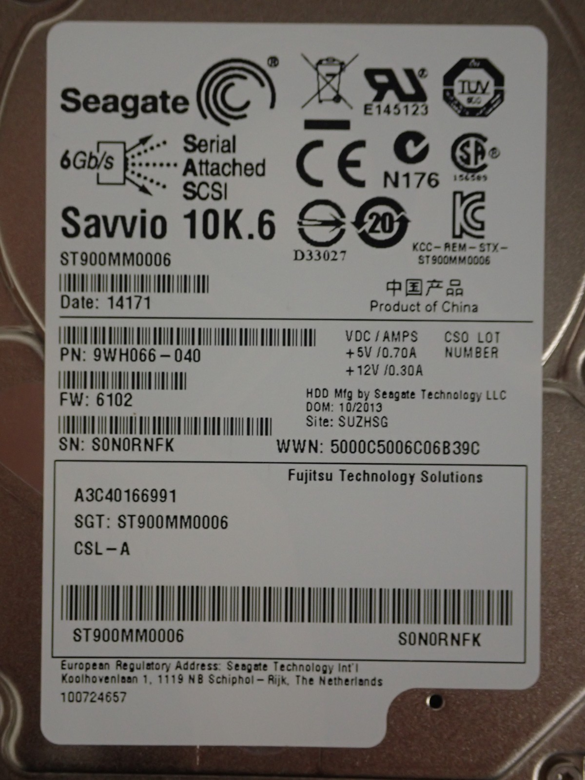 Fujitsu 900GB 10K 2.5" SAS 6G S26361-F3818-L190 S26361-F3818-E190 A3C40166991