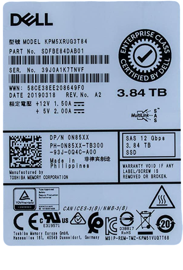 NEW Dell 3.84TB 2.5" SAS 12G SSD N85XX Toshiba KPM5XRUG3T84 + G14/G15 Caddy