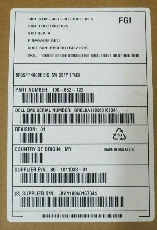 New Brocade 40GbE Bidirectional SW QSFP+ Transceiver XEM-40G-SR-BIDI-0287