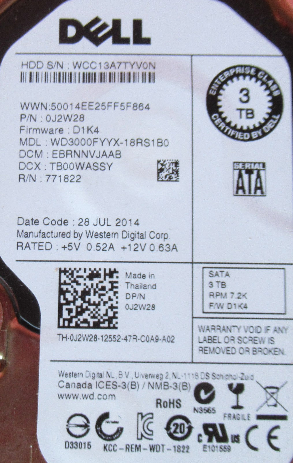 Dell J2W28 WD3000FYYX-18RS1B0 RE 3TB 7200RPM SATA 6Gbps 64MB 3.5" Internal HDD
