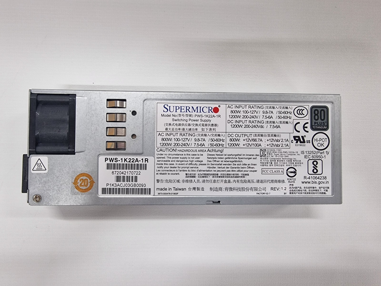 Supermicro PWS-1K22A-1R 1200W Titanium Hot-Swap Server Power Supply