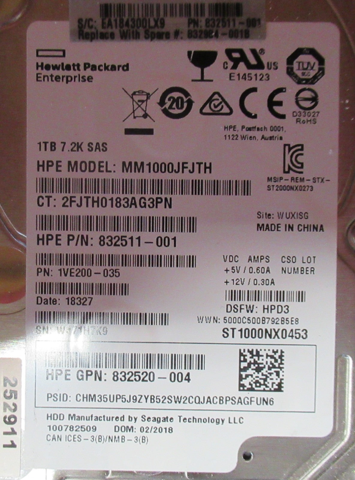 HP 832984-001 832514-B21 1TB 7200RPM SAS 12Gbps 2.5" Hot-Swap Internal HDD
