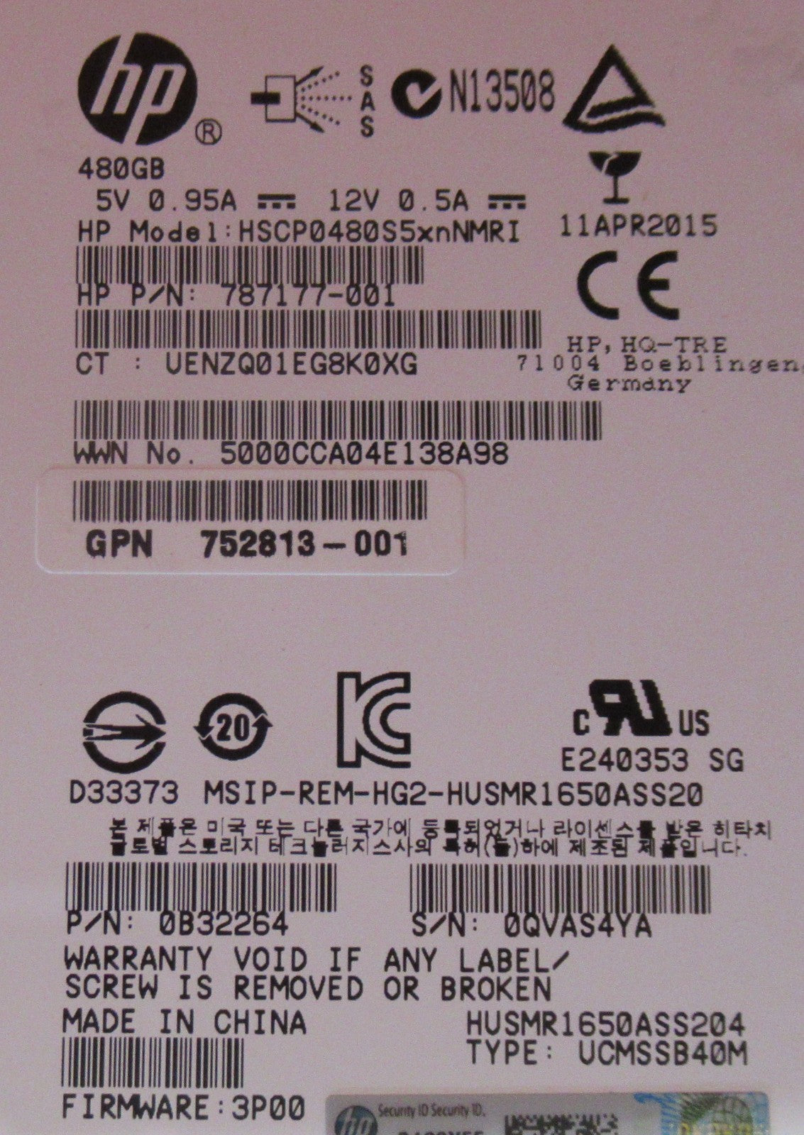 HPE 787177-001 E7W54A 480GB SAS 6Gb/s 3PAR Hot-Swap 2.5" Internal SDD