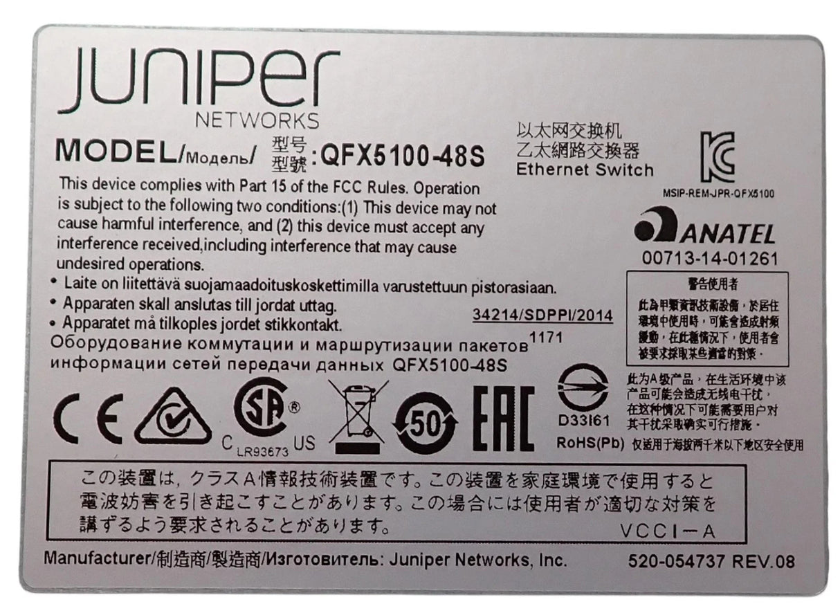 Juniper QFX5100-48S-6Q 48x 1/10Gb SFP+ + 6x 40GbE QSFP Port B2F L3 Switch 2x PSU