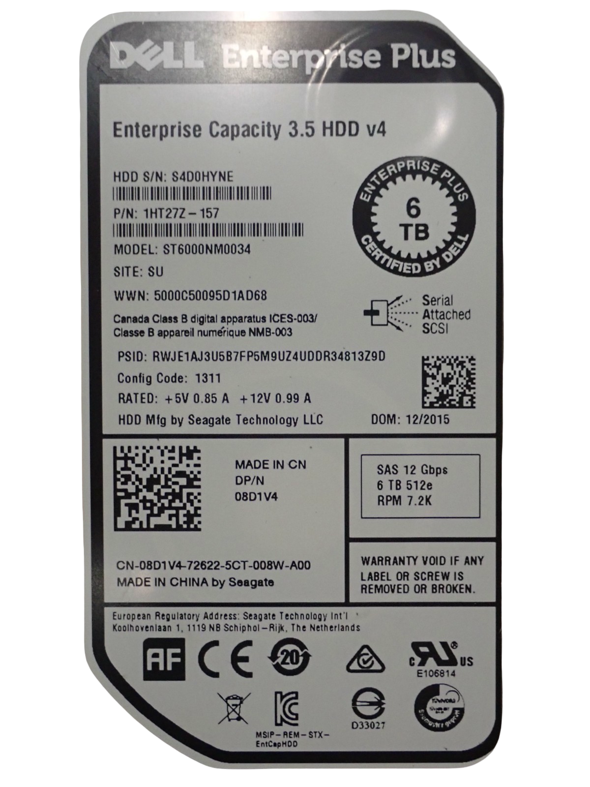 Dell 6TB 7.2K SAS 12G 3.5" 512e HDD ST6000NM0034 8D1V4 + 14th-17th Gen Caddy