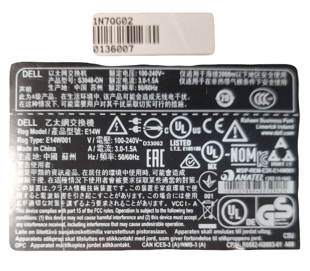 Dell EMC S3048-ON 48x 1GbE RJ45 + 4x 10GbE SFP+ Ports L2/3 Switch + 1x PSU