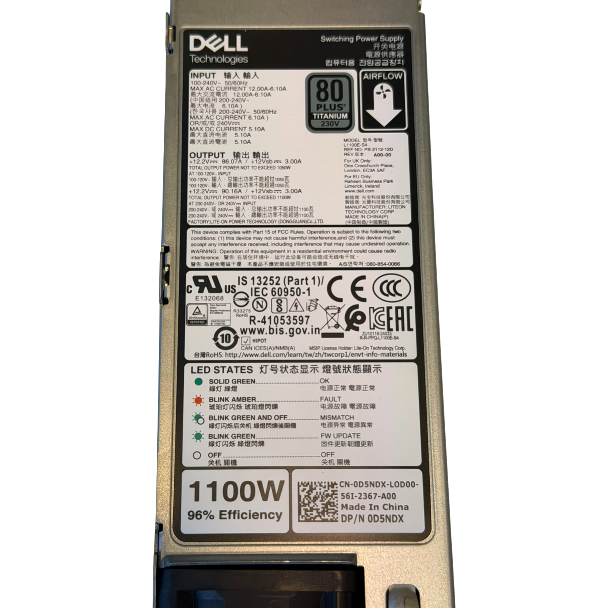 New Dell PowerEdge R770 1100W 80 Plus Titanium Power Supply PSU D5NDX