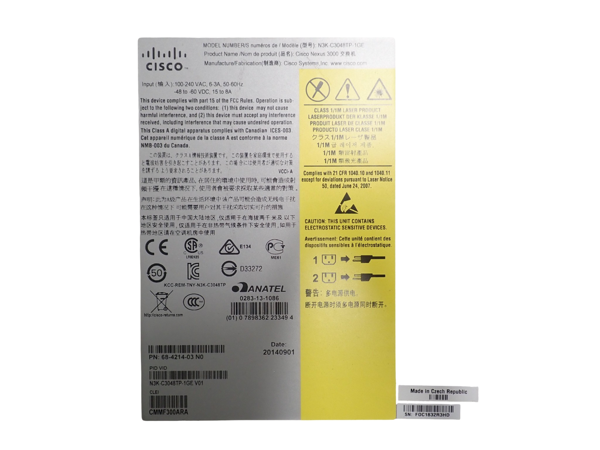 Cisco N3K-C3048TP-1GE 48x Gigabit RJ45 + 4x 10Gb SFP+ 1U F2B Switch