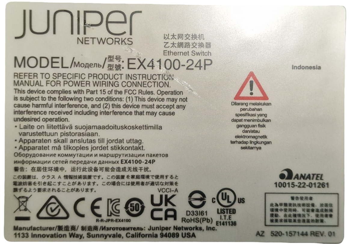 Juniper EX4100-24P 24x 1GE PoE+ / 4x 25GE / 4x 10GE SFP+ 1U Ethernet Switch