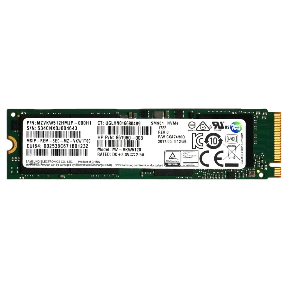 Samsung SM961 Series 512GB NVMe M.2 2280 PCIe 3.0 x4 MLC SSD MZ-VKW5120