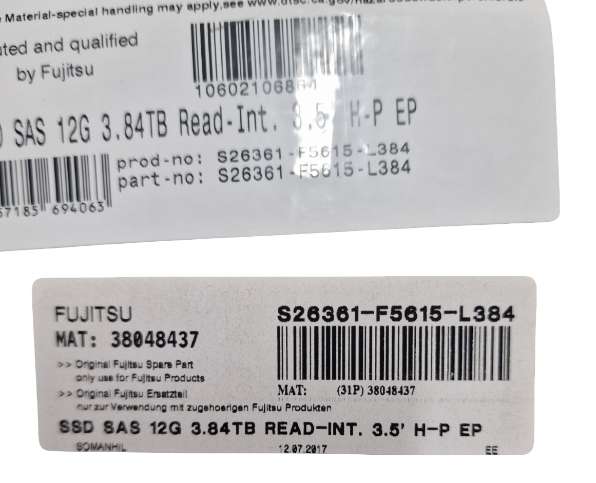 New Fujitsu 3.84TB 12G SAS SSD 2.5" Hot Plug Read Intensive S26361-F5615-L384