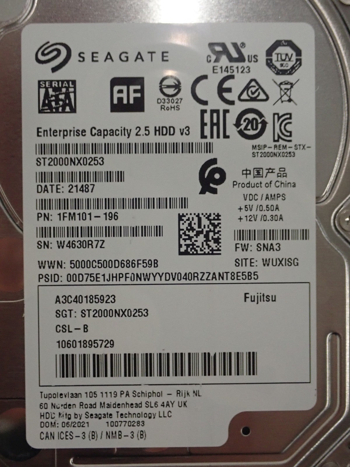 Fujitsu 2TB 7.2K SATA 6Gb/s 512E 128MB 2.5" HDD A3C40185923 S26361-F3906-L200