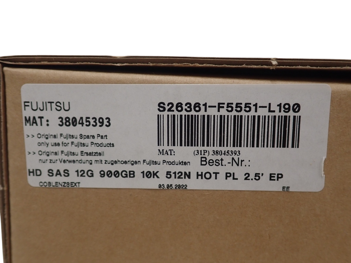 New Fujitsu 900GB 10K SAS 12G 512N 128MB Hot Plug 2.5" HDD S26361-F5551-L190