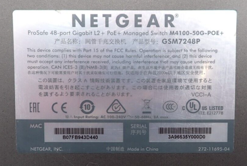 Netgear ProSafe M4100-50G-POE+ 48x 1GbE PoE+ +2x 1GbE +4x Shared SFP Port Switch