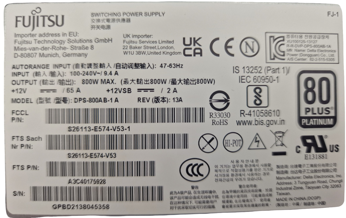 New Fujitsu S26113-E574-V53 Platinum 800W PSU for RX2530 M1 M2 RX2540 M1 M2 +++