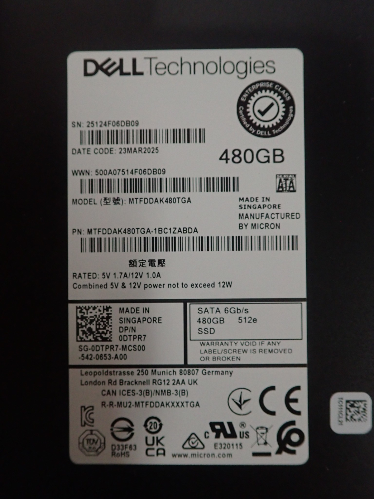 Dell 480GB SATA 6G 2.5" RI TLC SSD MTFDDAK480TGA DTPR7 in 14th Gen Caddy
