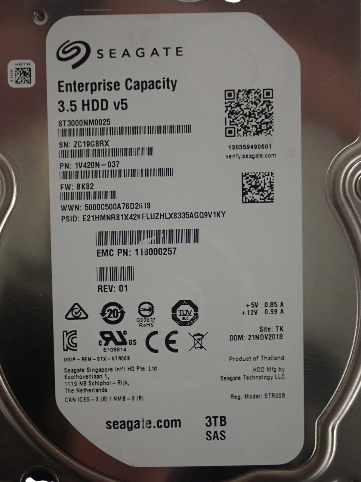 EMC Seagate Enterprise 3TB 3.5'' SAS 6Gb/s 7.2K 128MB HDD 118000257 ST3000NM0025