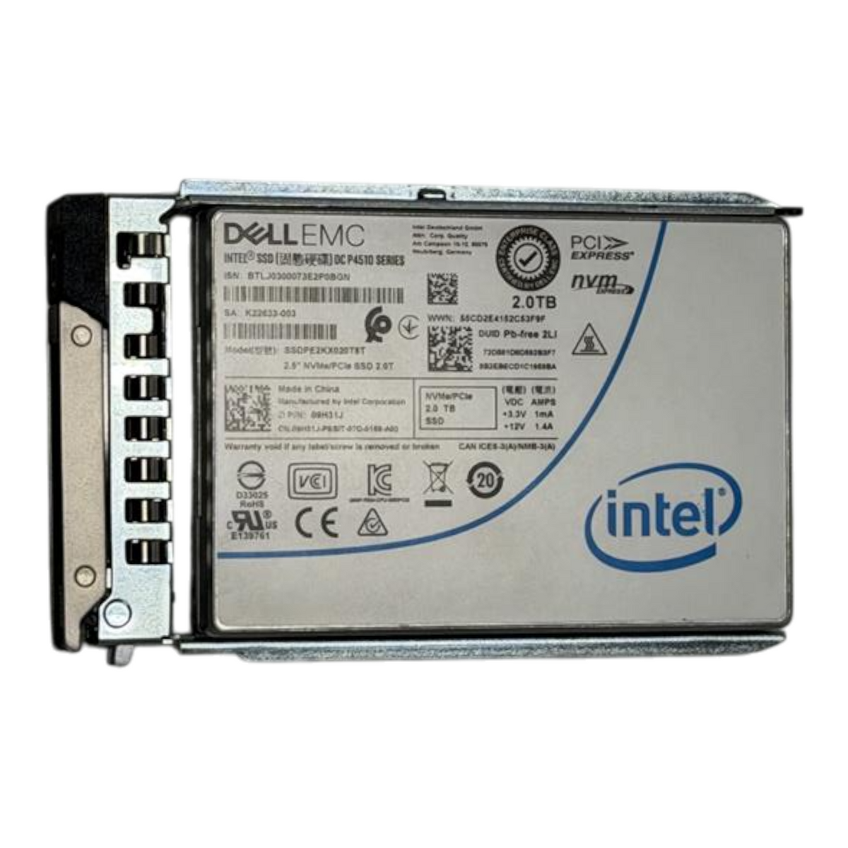 Dell 9H31J SSDPE2KX020T8T 2TB NVME PCIe SSD 09H31J Intel DC P4510 + caddy