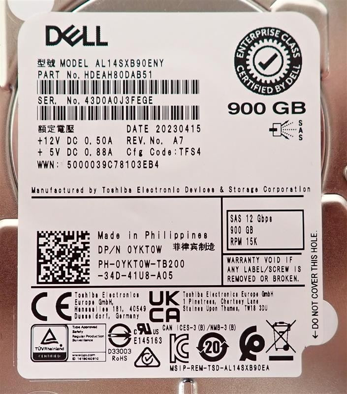 New Dell 900GB 15K SAS 12G 512n Enterprise 2.5" HDD YKT0W AL14SXB90ENY