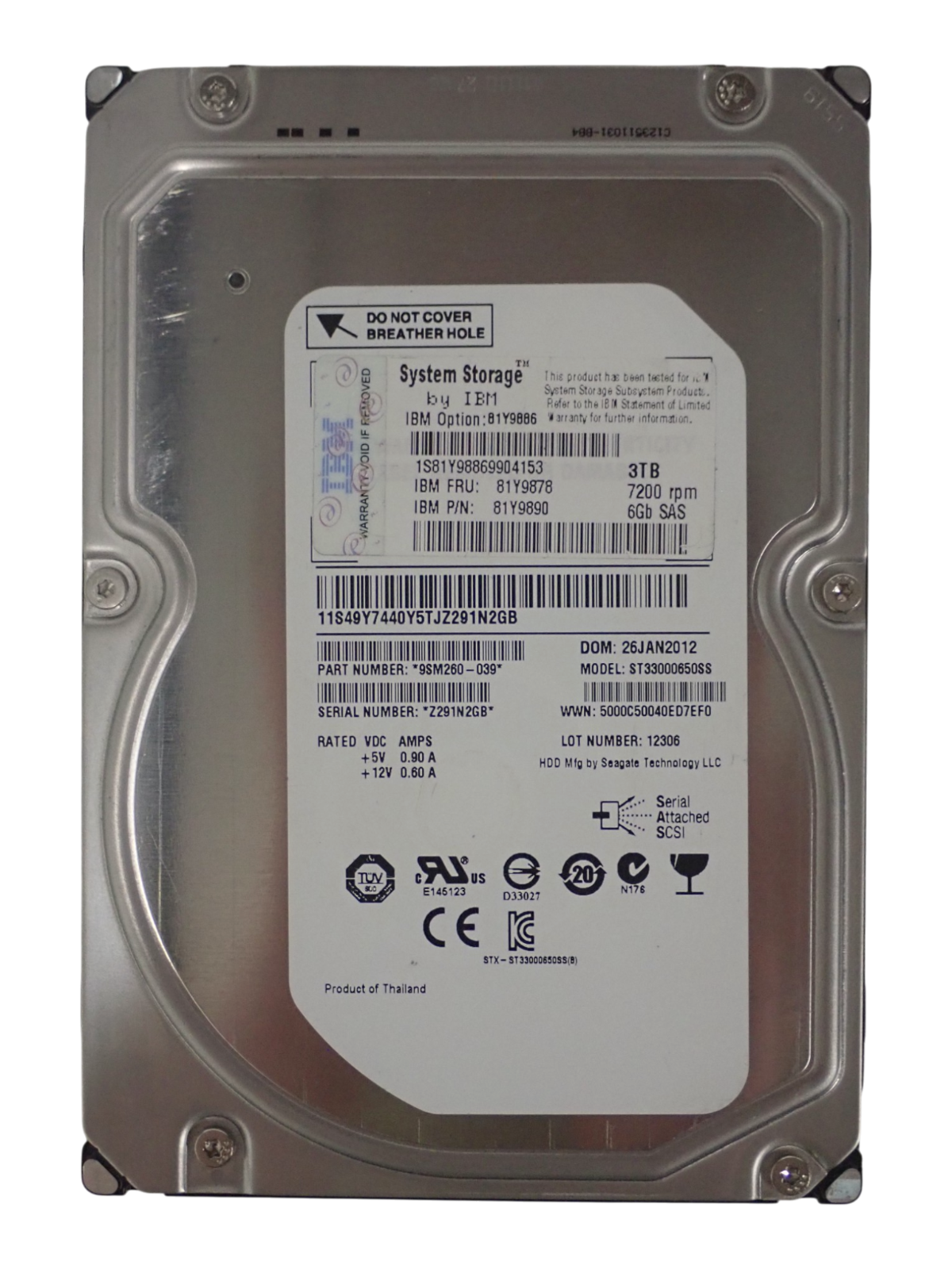 IBM System Storage 3TB 7200 RPM 6Gbs SAS 3.5" LFF Hard Drive HDD 49Y7440 81Y9878