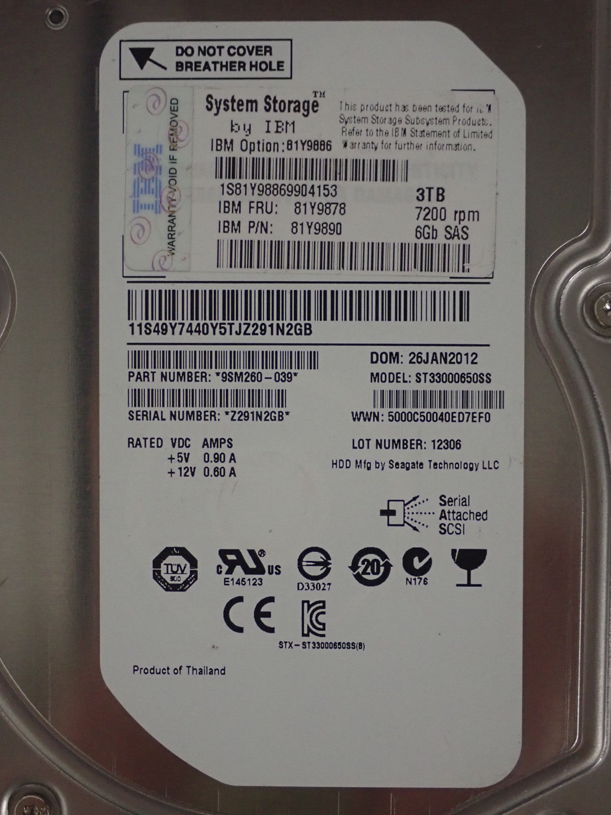 IBM System Storage 3TB 7200 RPM 6Gbs SAS 3.5" LFF Hard Drive HDD 49Y7440 81Y9878
