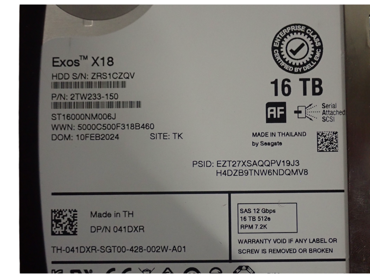 Dell EMC 16TB 3.5" 7.2K SAS 12G 256MB Hard Drive HDD 41DXR 041DXR in ME4 Caddy