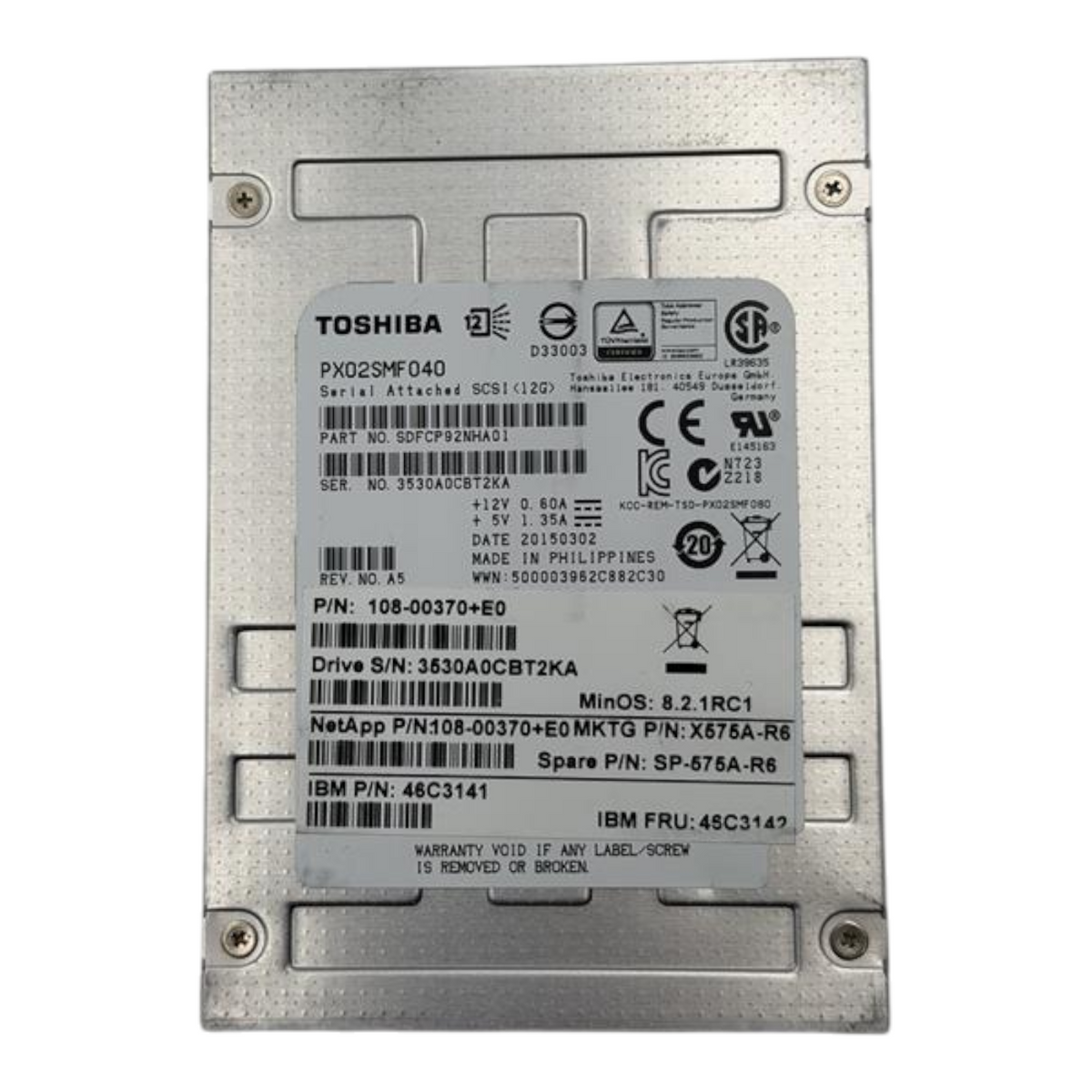 NetApp Toshiba 400GB SAS 12G WI 2.5" SSD PX02SMF040 108-00370 X575A-R6 8.2.1RC1