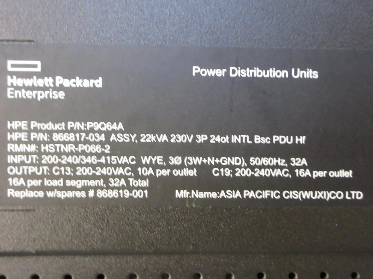 HPE P9Q64A 866817-034 G2 3Ph 22kVA 0U Rack PDU 24x C13/C19 32A 230V