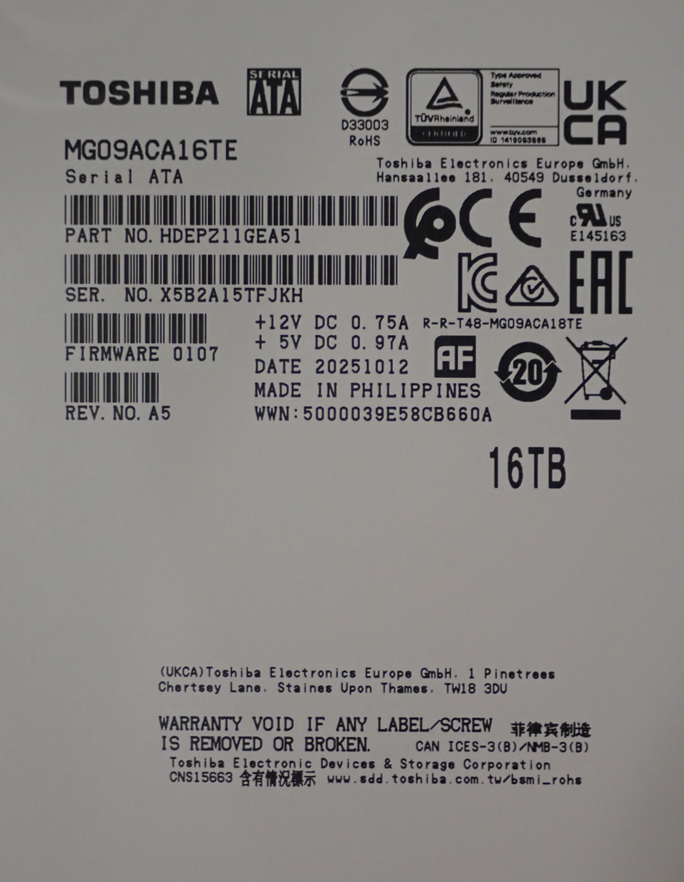Toshiba 16TB 3.5" 7.2K SATA 6G 512mb LFF Enterprise Hard Drive HDD MG09ACA16TE
