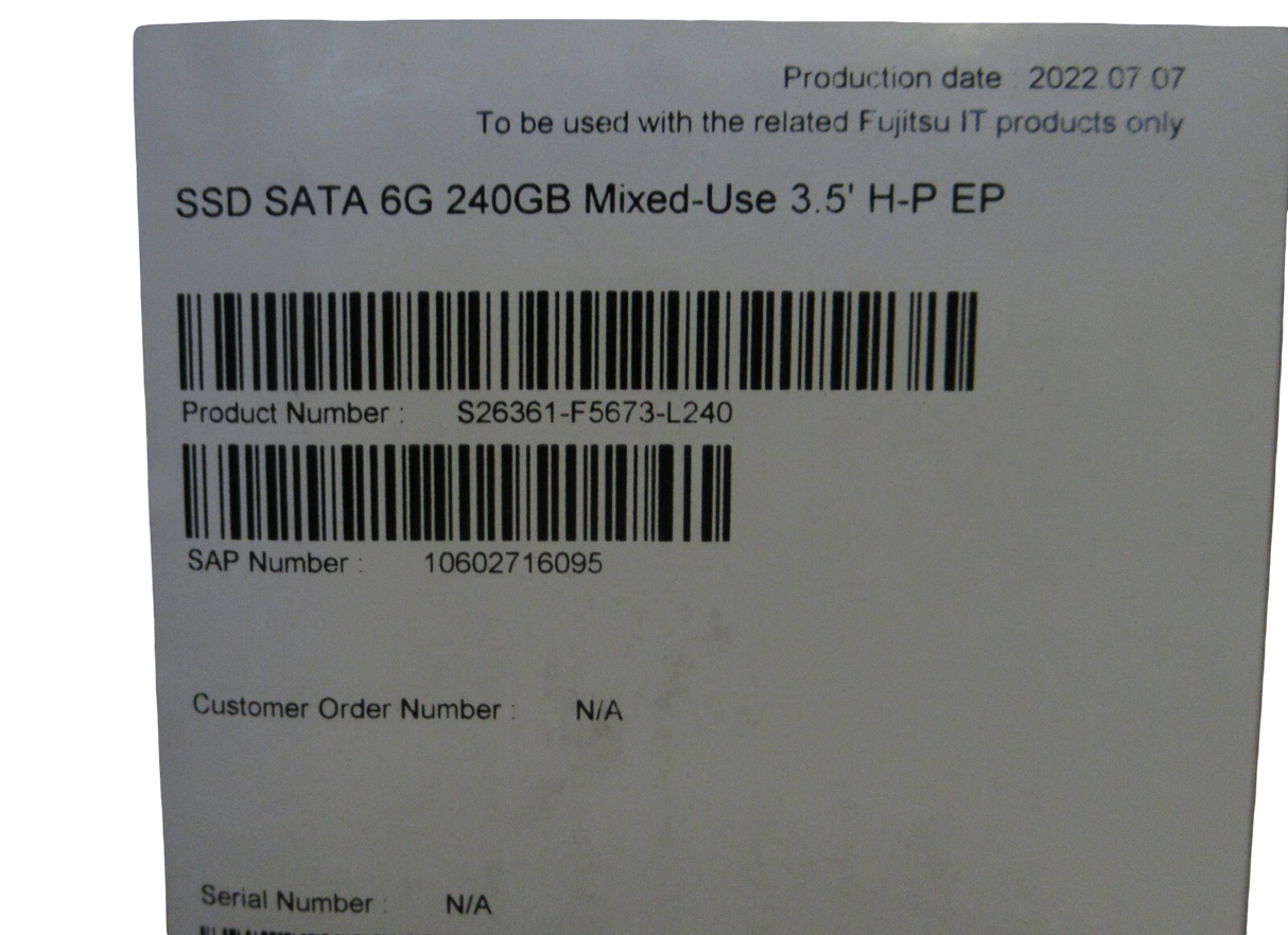 NEW Fujitsu 240GB 2.5" SATA 6G RI SSD In 3.5" Hot-Plug Caddy S26361-F5700-L240