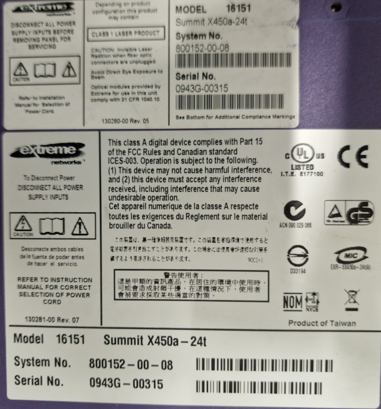 Extreme Networks Summit X450a-24T 24-Port Gigabit Switch 4x SFP 16151 + XGM2-2XF