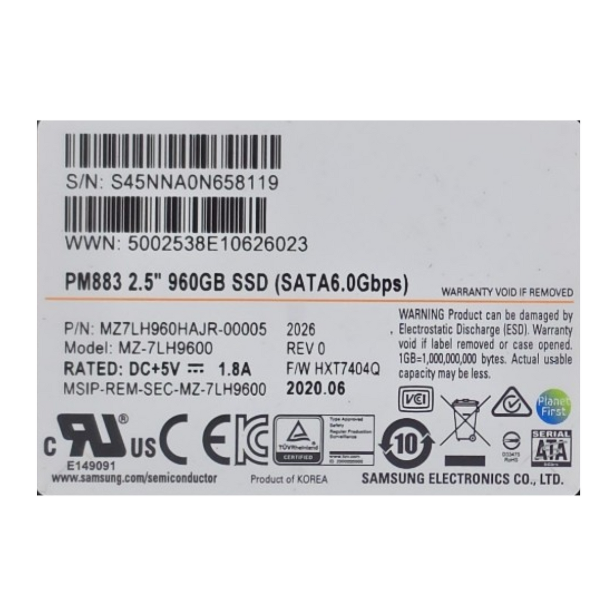 HPE Nimble Storage 960GB 7.2K SATA 6G 1GB 2.5" SSD Q8F86B MZ-7LH9600 FW:PM883