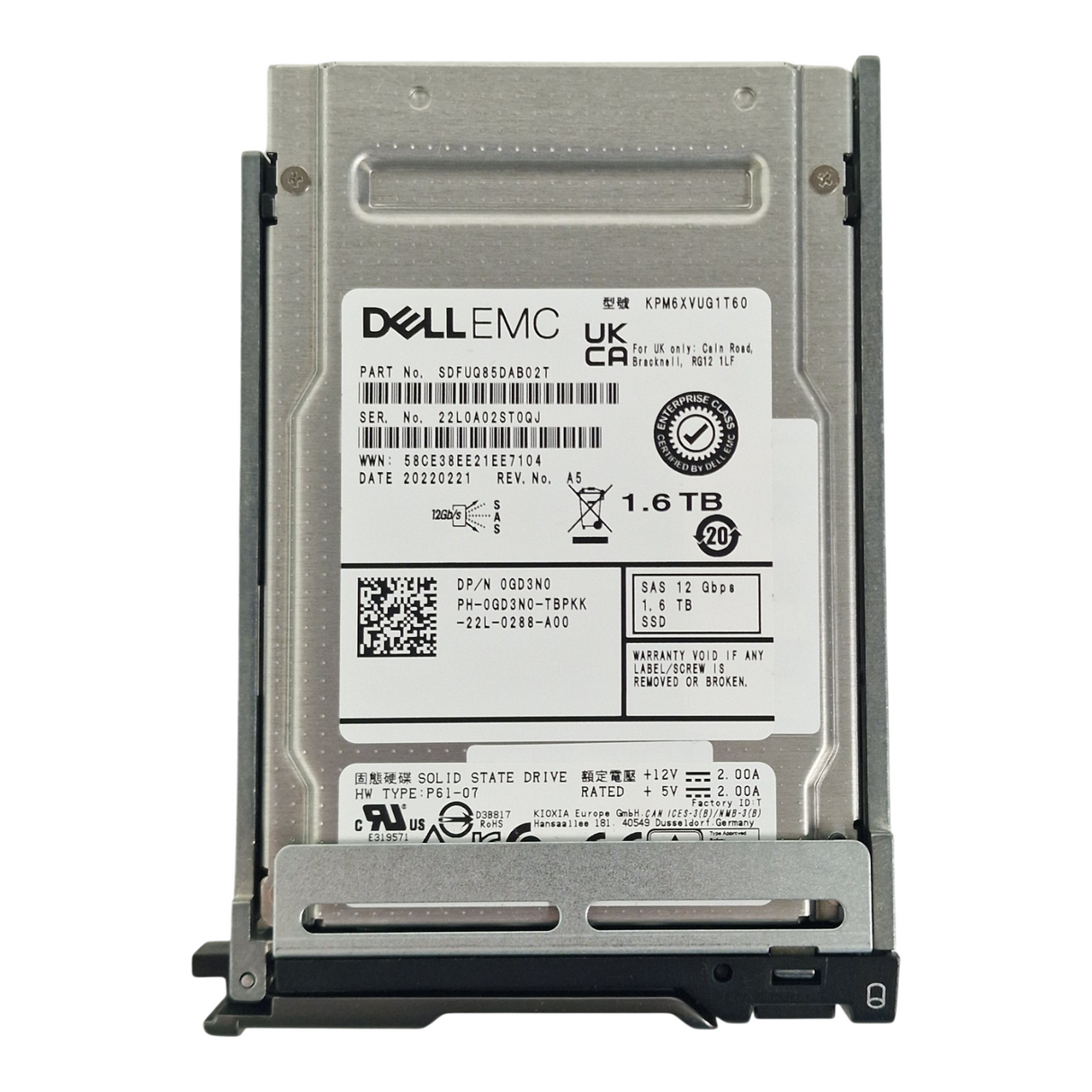 Dell 1.6TB SAS 12G MU 2.5" SFF SSD KPM6XVUG1T60 GD3N0 + 12/13th Gen Caddy